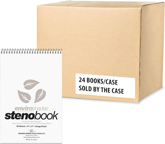 ROARING SPRING Enviroshades Colored Steno Books, 24 Pack of Memo Pads, Recycled Gray Paper, 6" x 9", 80 Sheets, Gregg Ruled, Perforated, Wirebound, Heavy Chipboard Back