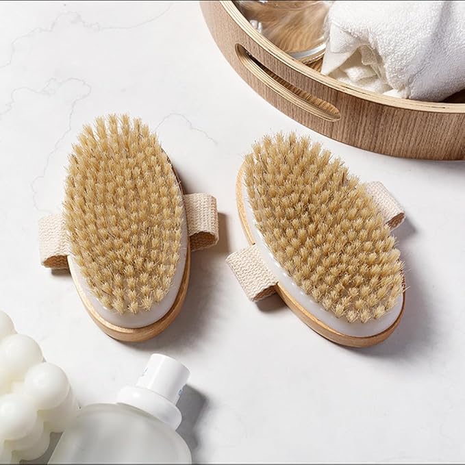 Natural Bristles Wooden Dry/Wet Body Brush, 5x2.8 Handheld Bath & Shower Body Exfoliating Brush Scrubber, Good for Lymphatic Drainage, Detox, Cellulite and Blood Circulation.