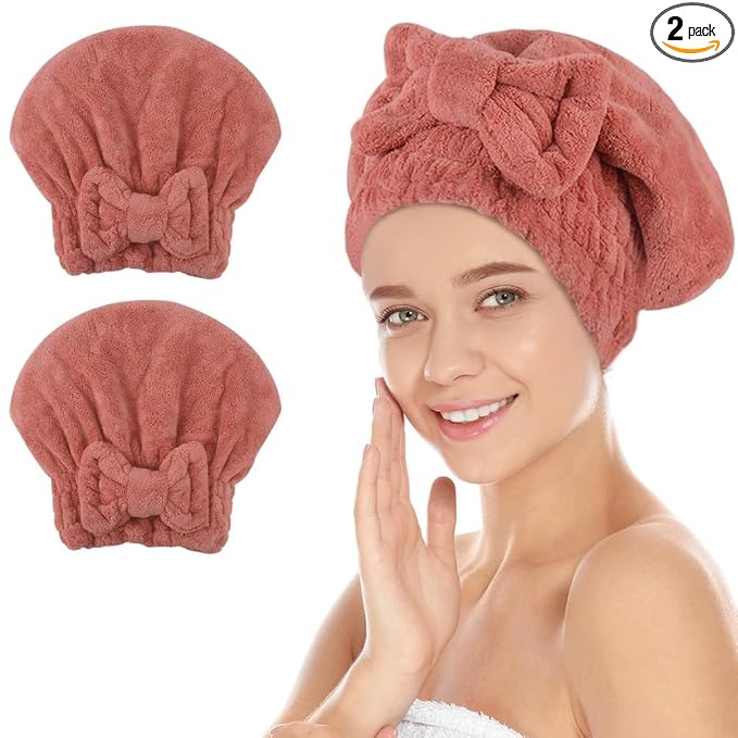 SUNLAND Large Microfiber Hair Drying Caps with Bow Knot Fast Drying Shower Cap Soft and Absorbent hairWrap Hair Turban Bath Caps for Curly Thick and Wet Hair 11 X 13.4 inch 2 Pack Red