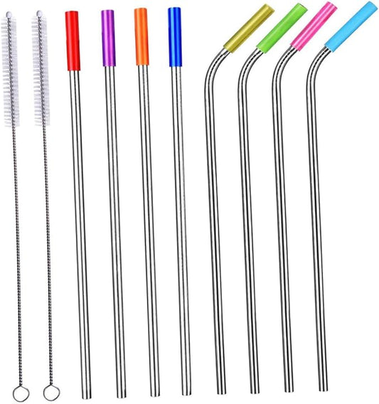 8-Piece 304 Stainless Steel Reusable Drinking Straws Set with Food-Grade Silicone Tips Curved and Straight Straws for Smoothies Cocktails and Juices