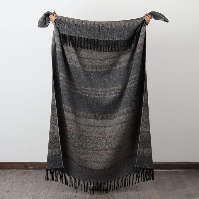 Alpaca Wool Blanket Throw Cherokee Design for Bed Couch Sofa Soft Warm Peruvian Alpaca Wool Blankets 72" x 60" (Gray/Black/Camel)