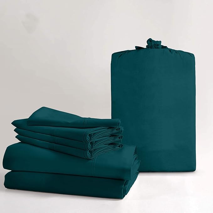 100% Real Certified Organic Cotton Bedsheet Set, Split King Size 7 Piece 1000 Thread Count Sheets Sets, [2 Fitted + 1 Flat + 4 Pillowcases], Extra 24" Deep Pocket - Teal Blue