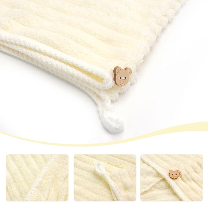 Microfiber Hair Towel Wrap for Women, Soft Lightweight Quick Dry Turban, Drying Hair Towels for Women, Hair Drying Towel for Curly & Long Hair - Yellowish-white (Note: This model is ultra-slim.)