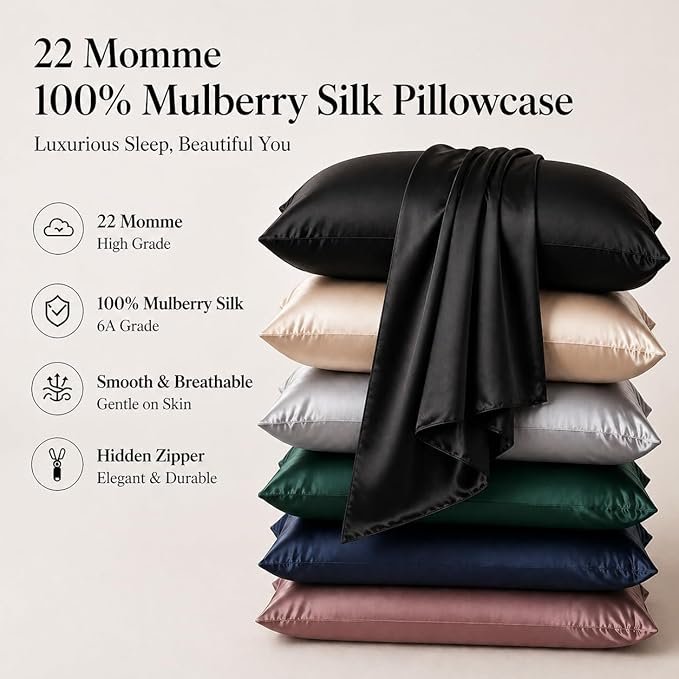 Hypoallergenic Pillow Case Made in USA, Premium Black Silk Pillow Cases, 6A Grade 22 Momme Pure Silk Pillowcase, Zipper Closure, Machine Washable, 1 Pc 20"x30" (Queen, Black)