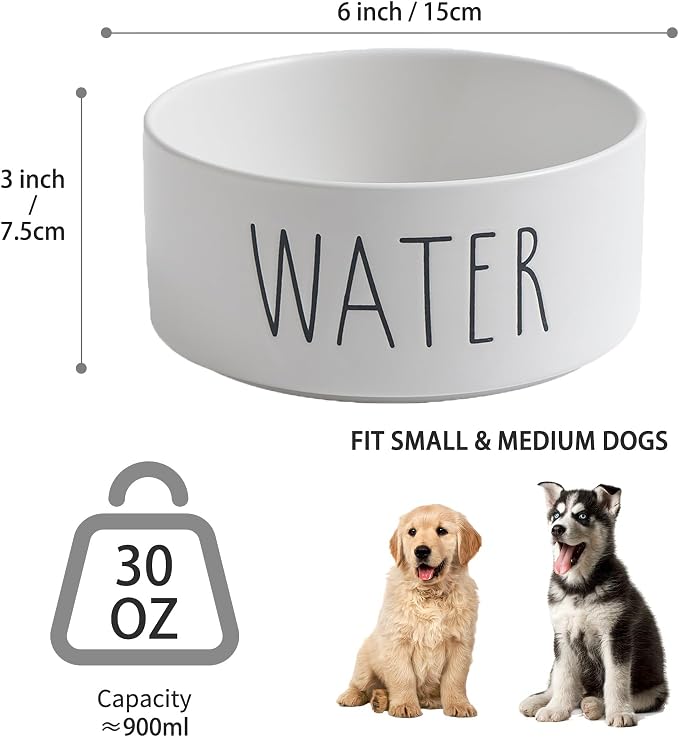 Ceramic Dog Bowls Set of 2 - Weighted Dog Dishes with Food & Water Lettering for Small and Medium Dogs, Food Grade Pet Bowl, Dishwasher & Microwave Safe (6 inch, 2 * 30oz, White)