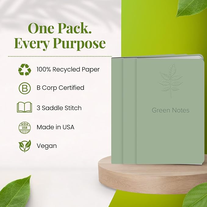 New Leaf Green Notes™ Memo Books, Sustainably Designed, 100% Recycled Paper, Chestnut Redwood and Ash Embossed Covers, Blank Lined and Dotted Page Mixed Pack, 3.5" x 5.5", 3 Books Per Pack