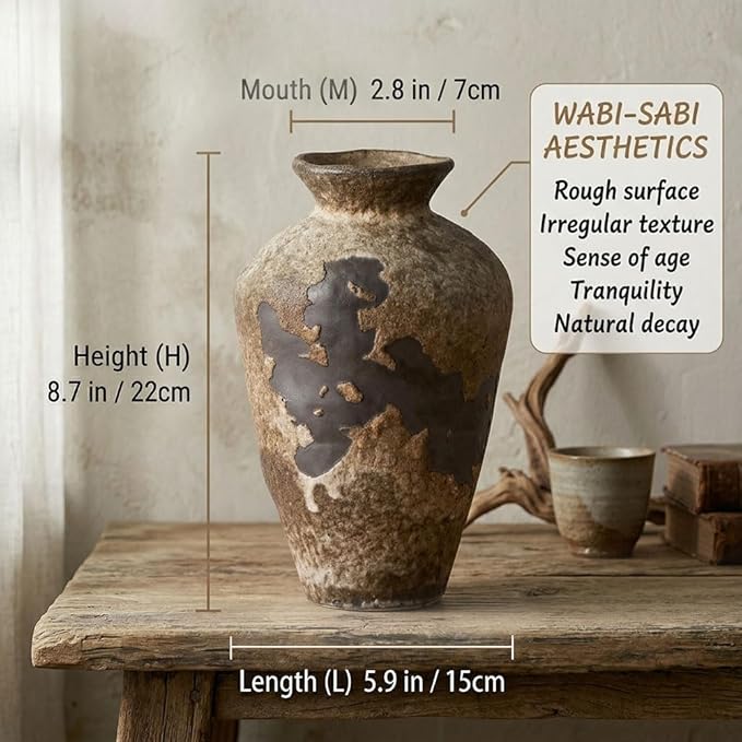 Wabi Sabi Decor Rusty Vintage Vase - 8.7" Tall Rustic Farmhouse Wabi Sabi Vase for Centerpiece, Pottery Stone Flower Vases for Home Decor, Table, Living Room, Bedroom, Bathroom, Kitchen (Rusty Stone)