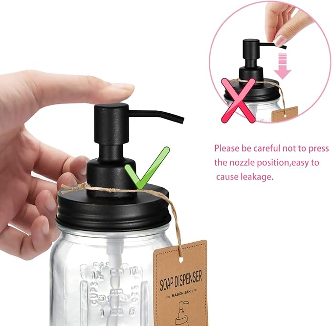 Amolliar Mason Jar Liquid Soap Dispenser, 16OZ Refillable Glass Soap Dispenser for Bathroom, Hand Soap, Dish Soap, Lotion Dispenser for Kitchen, Farmhouse Decor, Soap Pump Bottle, Black 2 Pack