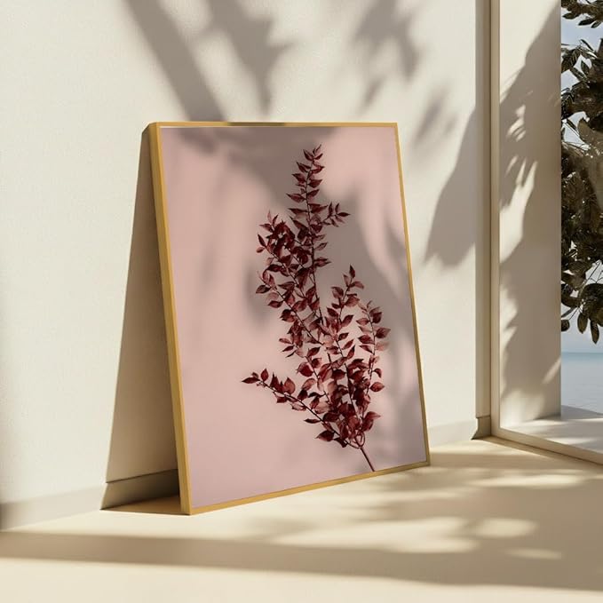 Monem Art Dried Red Botanical Branch Print - Minimalist Boho Nature Poster - Wall Decor for Living Room, Bedroom or Office - 18x24 Gold Framed CANVAS Wall Art by Mareike Bohmer