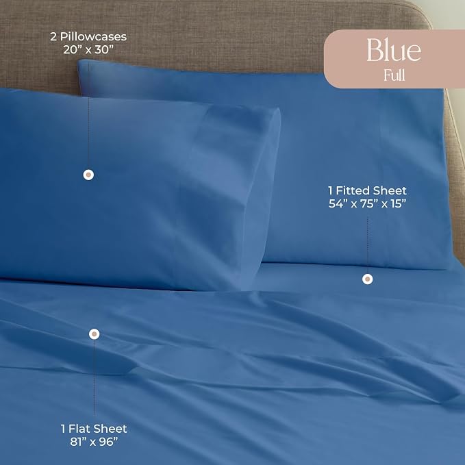 100% Organic Cotton Sheets Full Size - GOTS Certified Cotton Percale Sheets with Crisp Cool & Breathable Percale Weave Perfect for Hot Sleepers - Durable Luxury 4 Piece Set (Blue, Full)