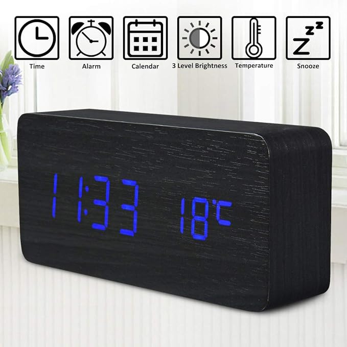 Wooden Digital Clock - Multi-Function LED Alarm Clock with Time/Date/Temperature Display and Voice Control for Home Office Travel - AC11Black_Blue