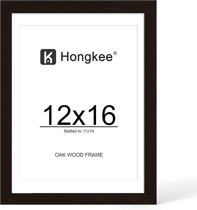 Hongkee 12x16 Oak Wood Picture Frame 1 Pack(Matted 11x14), Real Glass Cover | Black, 12 x 16 Solid Wood Frame for Wall Mounting - Includes Easel Back, Vertical Hang - Ideal for Home, Office