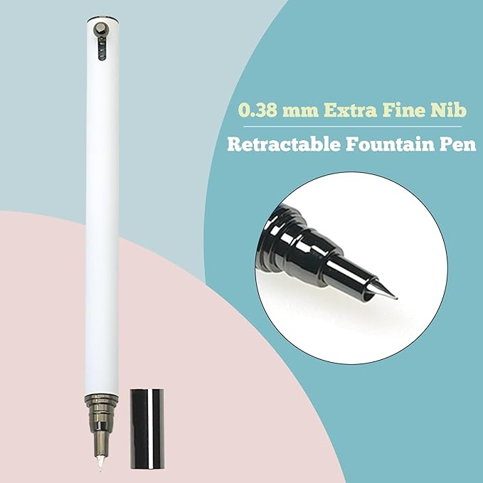 Retractable Fountain Pen – 0.38 mm Extra Fine Nib Fountain Pen, Smooth Fancy Pens with Converter, 6 Ink Cartridges & Gift Pouch for Writing (White)