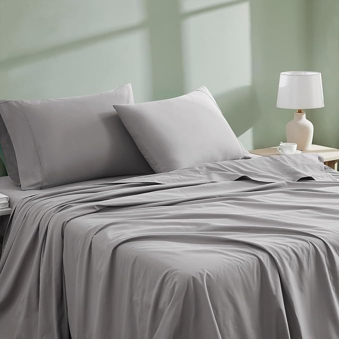 Linen Closet 100% Organic Cotton Twin Bed Sheets Set - 3 Pieces Percale Weave Cooling Sheets for Hot Sleepers - 16" Deep Pocket Fitted Sheet - Crisp, Breathable & Brushed for Softness - Dark Gray