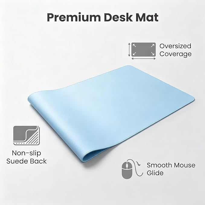 Leather Office Desk Pad Protector, Large Mouse Mat, Non-Slip, PU Leather, Laptop Desktop Blotter, Waterproof Writing Surface for Work and Home, Blue, 15.5" x 53"