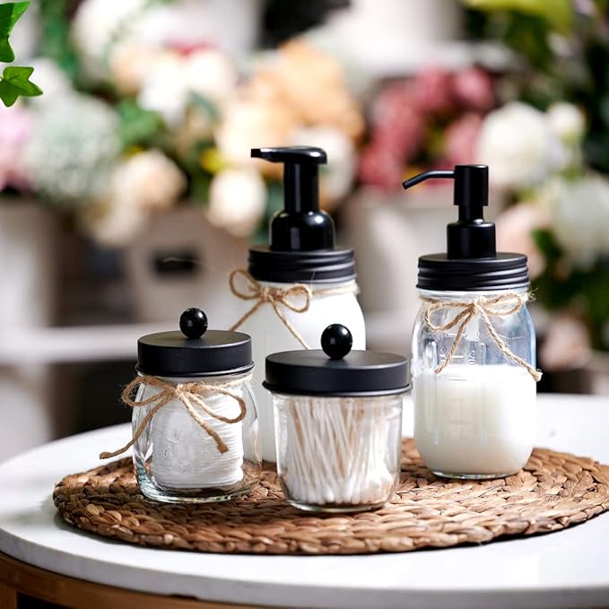 Amolliar 4 Pack Mason Jar Liquid Soap Dispensers, Rustproof Stainless Steel Lid Pump, Waterproof Sticker, Refillable Hand Soap for Bathroom, Kitchen, Dish Soap, Lotion Soap, Farmhouse Decor(Black)