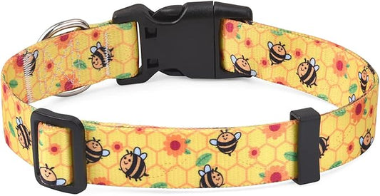 Mihqy Dog Collar with Bohemia Floral Tribal Geometric Patterns - Soft Ethnic Style Collar Adjustable for Small Medium Large Dogs(Bee,L)
