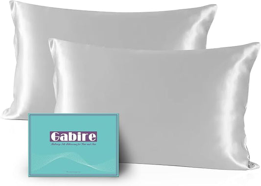 Gabire Mulberry Silk Pillow Cases Set of 2, Both Sides Real Silk Pillow Cover for Hair and Skin Prevent Acne Pillowcase Organic Silk Pillowcase 2 Pack with Hidden Zipper, Silver Grey, Queen (20"×30")