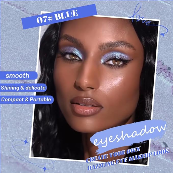 Blue Single Shimmer Glittle Eye shadow Palette Makeup, Single Shimmer Eyeshadow for Older Women, High Pigment Natural Sombras Crema Para Ojos, Talc, Paraben & Cruelty Free (07#Blue)