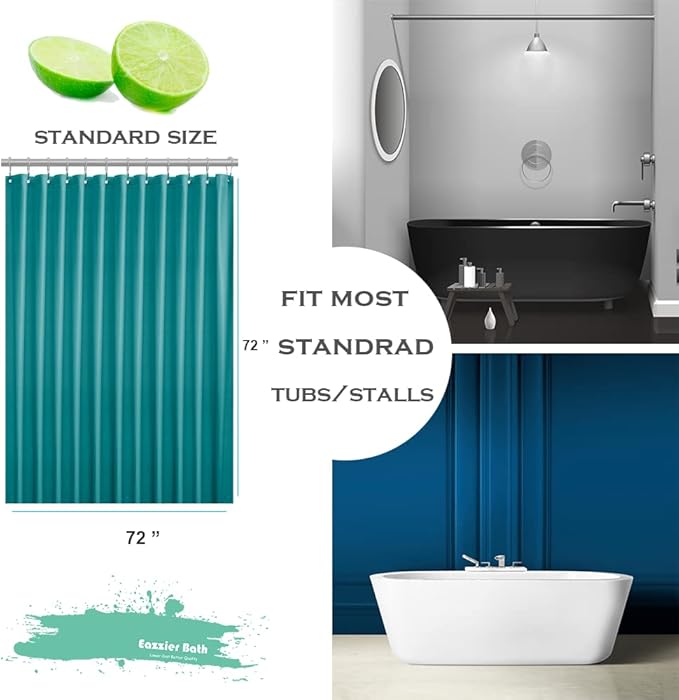 Teal Plastic Shower Curtain Or Liner, 72x72 Inch Lightweight Blue Green Coral Plastic Bathroom Shower Showroom Inner Curtain with Rustproof Metal Grommet Holes and Weighted Magnets