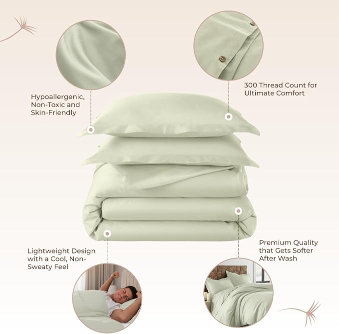 100% Organic Cotton Duvet Cover King Size - Naturally Soft Lightweight & Cooling Duvet Cover Set with Decorative Shams - Premium GOTS Certified 300 Thread Count Sateen Weave (Pastel Green, King)