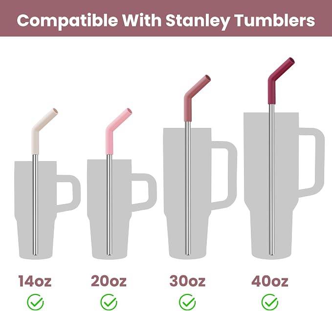 Tomorotec 6-Pack Stainless Steel Reusable Straw with Silicone Tip 3 Sizes, Metal Drinking Straws Fit for Stanley Quencher Tumblers 40oz, 30oz, 20oz, 14oz, Cleaning Brushes Included (Gradient)