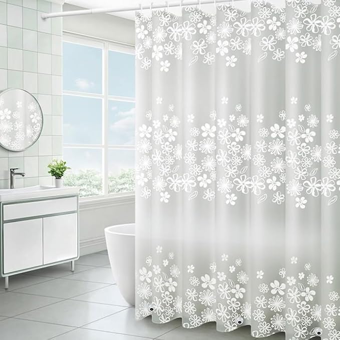 Plastic Shower Liner - Premium PEVA 4G Shower Curtain Liner with Rustproof Grommets and 3 Weighted Magnets, Waterproof Shower Curtains for Bathroom (White Flower)