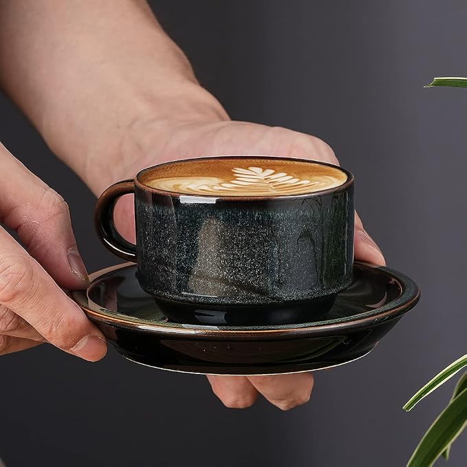 JIEMEI HOME Porcelain Stackable Espresso Cups with Saucers and Metal Stand, 4 Ounce Demitasse Cups for Specialty Coffee Drinks, Latte, Tea Set of 4, Stackable Espresso Mugs, Kiln Tide Glaze