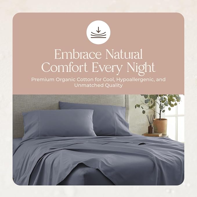 Certified Organic King Flat Sheet Only - 100% Organic Cotton Top Sheet with Luxurious Soft and Breathable 300 Thread Count Sateen Weave Finish - GOTS & Fairtrade Certified (Mineral, King)