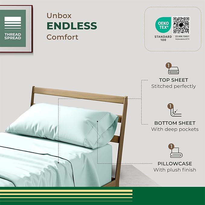 THREAD SPREAD 100% Organic Cotton Sheets Twin XL Size - 3 PC Organic Cotton Twin XL Percale Weave Sheet Set, Soft, Cooling, Crisp & Breathable, 16" Deep Pocket Bedding Set for Dorm Room - Sea Foam