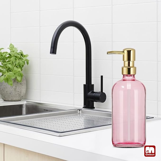 GMISUN Pink Soap Dispenser Bathroom, 1 Pack Glass Dish Soap Dispensers for Kitchen with Rustproof Plastic Gold Pump, 17 Fl Oz Bathroom Hand Soap Dispenser, Modern Liquid Dishwashing Dispensers Bottle