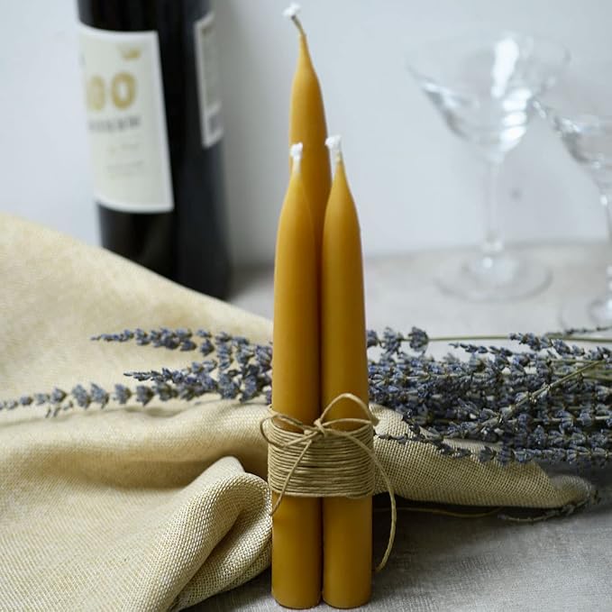 8 inch Natural Beeswax Taper Candles Set of 12, DEYBBY Smokeless and Dripless Organic Natural Beeswax Candles for Home Dinner Decor Emergency Housewarming Gift, Long Lasting Burning, Nontoxic