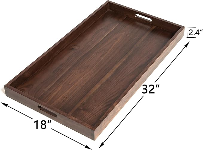32"x18" Wooden Ottoman Tray with Handle FSC Natural Handmade Rectangle Black Walnut Serving Tray Vintage Decorative Platters for Oversized Ottoman Kitchen
