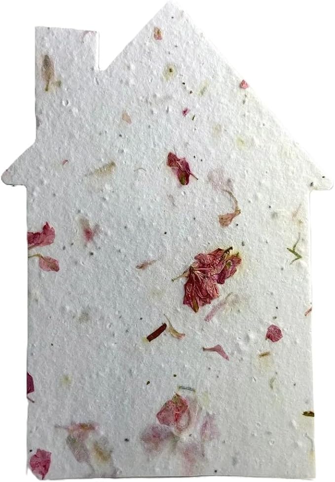 Of The Earth Handmade Paper - Wildflower Seed Paper House Shape Cards - w/Seeds & Petals - 5" x 7" - Set of 8 - Guides & Envelopes Included (24s Pink Petal)
