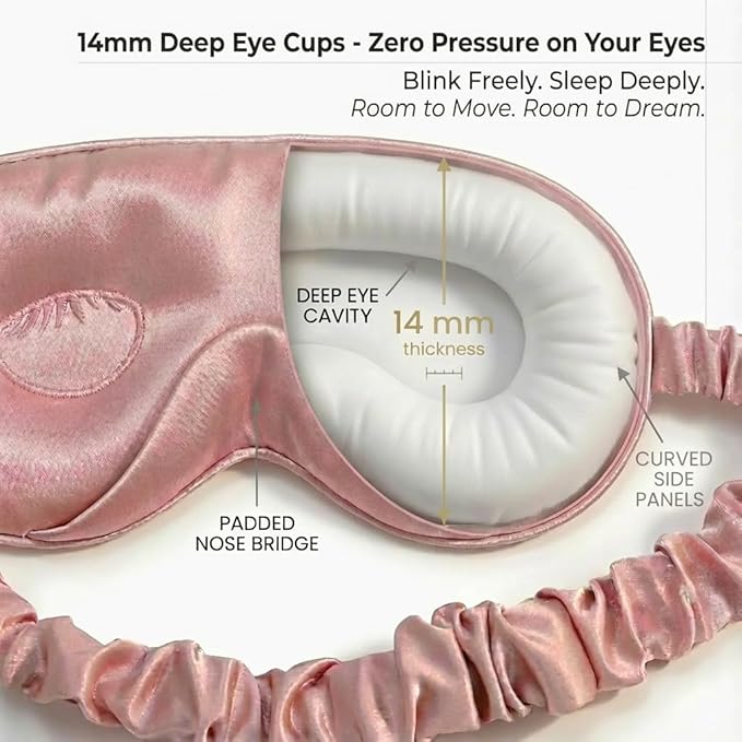 MATASSE 100% Mulberry Silk Sleep Mask 22 Momme Grade 6A - 3D Contoured Eye Mask for Sleeping, 14mm Deep Eye Cups, Total Blackout Blindfold for Women Men, Adjustable Strap, Side Sleeper (Pink/Black)