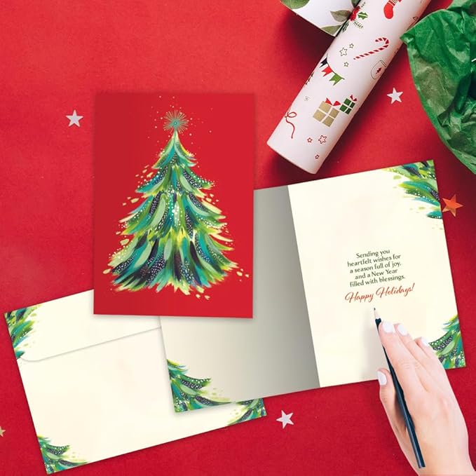Tree-Free Greetings - Season's Greeting Card - Artful Designs - 1 Card + Matching Envelopes - Made in USA - 100% Recycled Paper - 5 x 7 - Red Tree (VO80703)