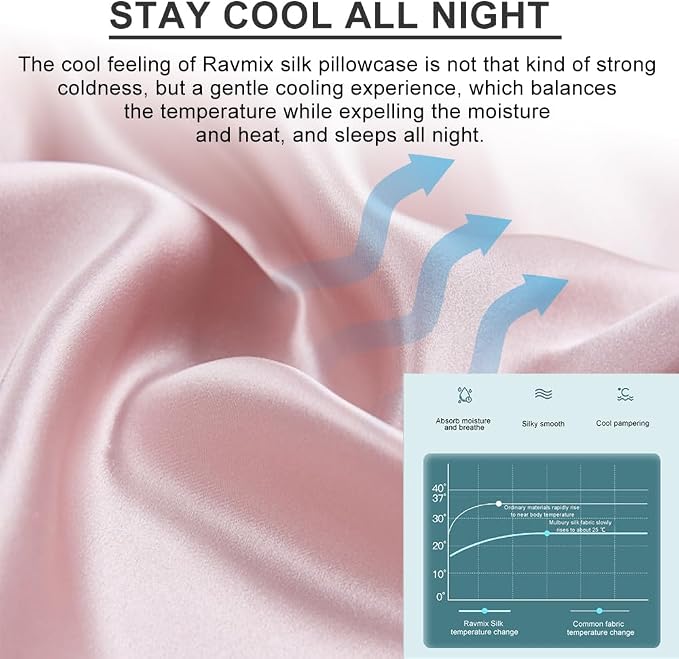 Silk Pillowcase 2 Pack for Hair and Skin with Hidden Zipper, Ravmix Both Sides 21Momme Mulberry Silk Pillowcases Set of 2, Standard Size 20×26inches, Soft Pink