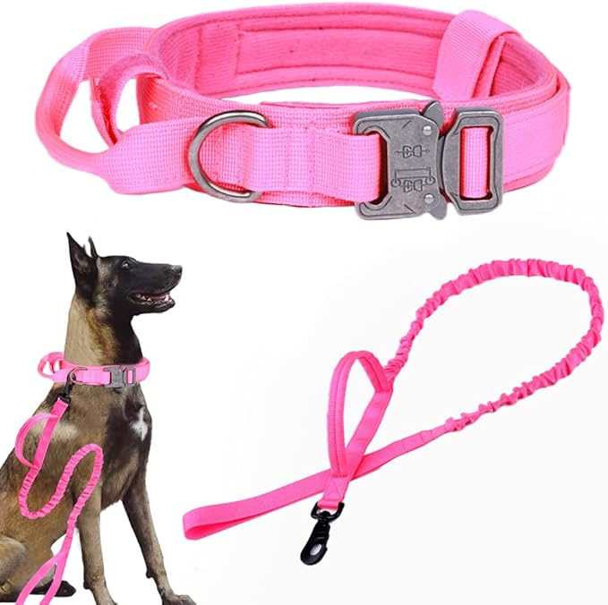 Tactical Dog Collar and Leash Set Adjustable Military Nylon Dog Collar with Control Handle and Heavy Duty Metal Buckle for Large Dogs（Pink XL