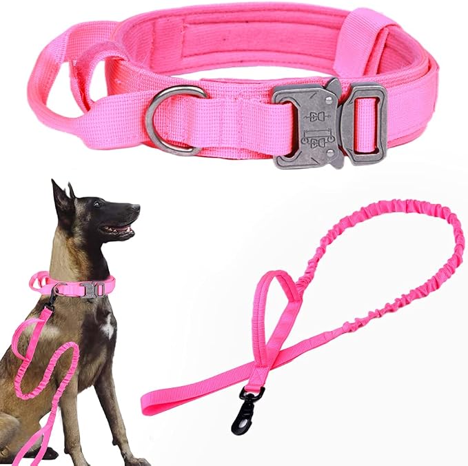 Tactical Dog Collar and Leash Set Adjustable Military Nylon Dog Collar with Control Handle and Heavy Duty Metal Buckle for Large Dogs（Pink XXL