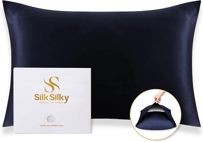 SilkSilky 100% Mulberry Silk Pillowcase - Pure 22 Momme High-Grade 6A Fibers for Hair & Skin, Envelope Closure, Natural, Organic, Breathable & Cooling Pillow Case (King, Dark Blue)