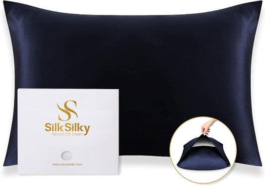 SilkSilky 100% Mulberry Silk Pillowcase - Pure 22 Momme High-Grade 6A Fibers for Hair & Skin, Envelope Closure, Natural, Organic, Breathable & Cooling Pillow Case (King, Dark Blue)