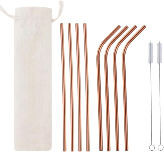 Heavy Duty 304 Stainless Steel Reusable Straw Set, 8 Pack Multi-Color Smoothie Straws with Travel Pouch & Cleaner, Dishwasher Safe Eco- (Rose gold-beige bag,8pc)