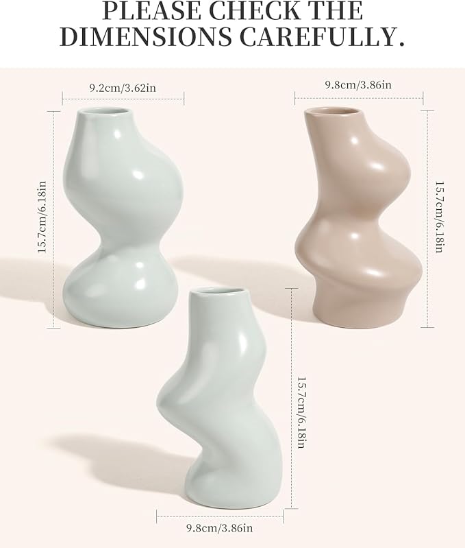 BosilunLife Decorative Vase Set of 3, Nested Interlocking Recycled Ceramic, Smooth Glossy Pastel Modern Decor, Sage Green & Khaki Centerpiece for Bookshelf