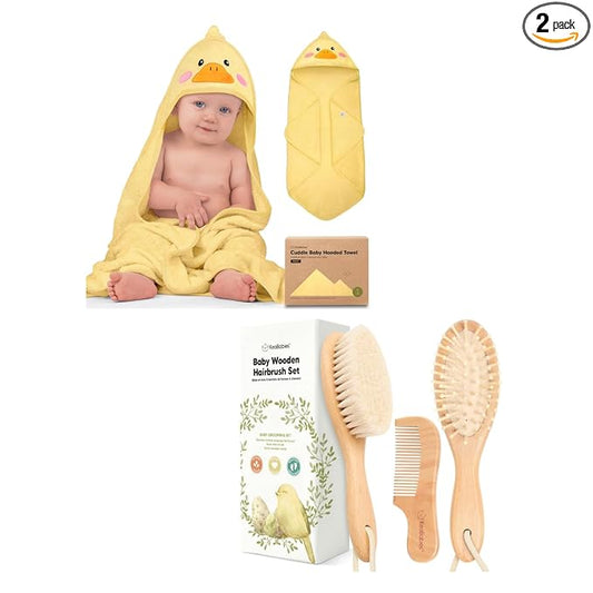 KeaBabies Baby Hooded Towel and Baby Hair Brush and Baby Comb Set - Baby Towel, Toddler Towels, Hooded Towels for Baby - Wooden Baby Brush with Soft Goat Bristle