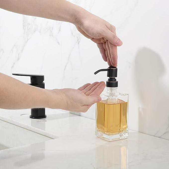 13.5 Oz Clear Glass Soap Dispenser with Rust Proof Stainless Steel Pump, Antique Design Refillable Square Lotion Dispenser for Bathroom, Premium Kitchen Hand Soap (Oil Rubbed Bronze)