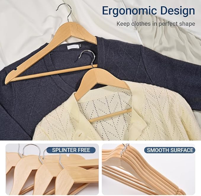 Amber Home 20 Pack Wooden Coat Hangers, Natural Wood Suit Hangers with Non-Slip Pant Bar, Clothes Hangers for Closet Organization, Shirts, Jackets, Dresses, and Pants (Natural, 20)
