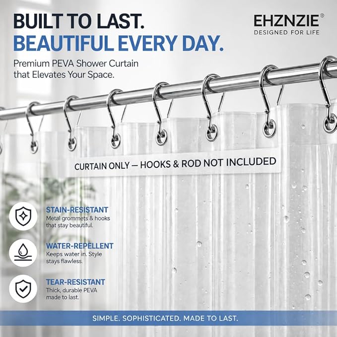 EHZNZIE Crystal Clear Shower Curtain Liner 54x72, PEVA Waterproof Bath Curtain, No Chemical Smell, 3 Weighted Magnets, Durable with Rustproof Metal Grommets