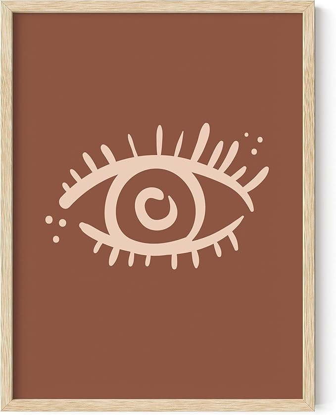 Mystical Evil Eye Wall Art Nazar Protection Symbol Earth Tones Terracotta Mid Century Modern 12x16 Inch Oak Wood Beige Framed Boho Spiritual Decor Print for Home