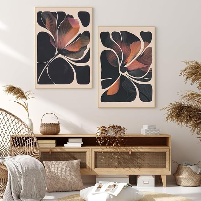 Abstract Floral Wall Art Prints Set of 2 Modern Mid Century Botanical Canvas Painting Posters Black Orange Flower Picture Wall Decor Aesthetic for Bedroom Home Decor 12x18inch Wrapped Framed