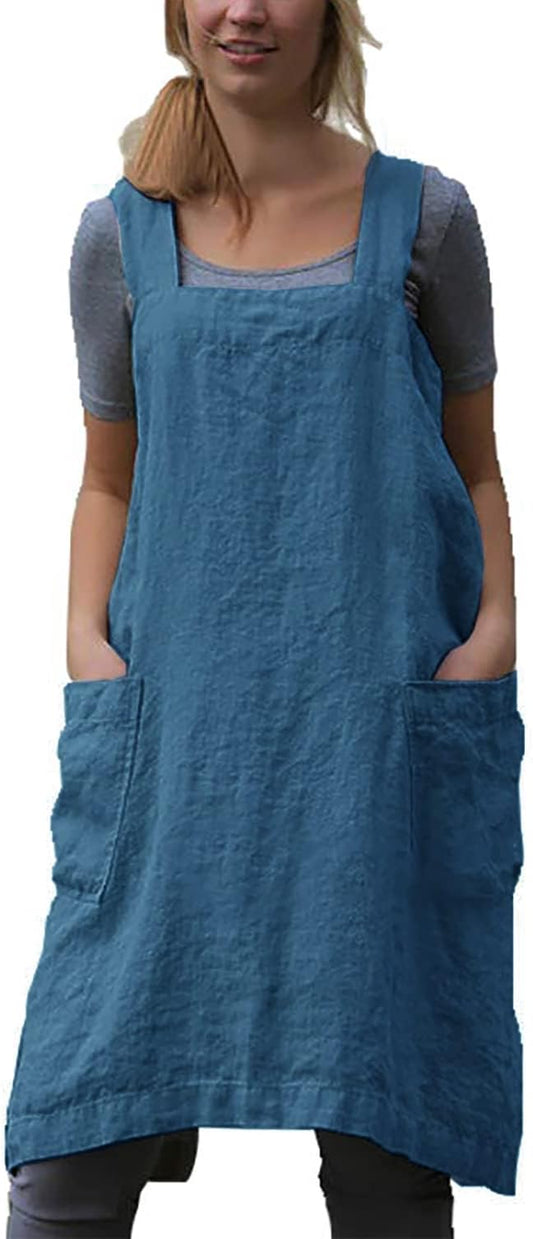 Apron for Womens Cotton Linen Apron Cross Back with Pockets Pinafore Dress for Baking Cooking